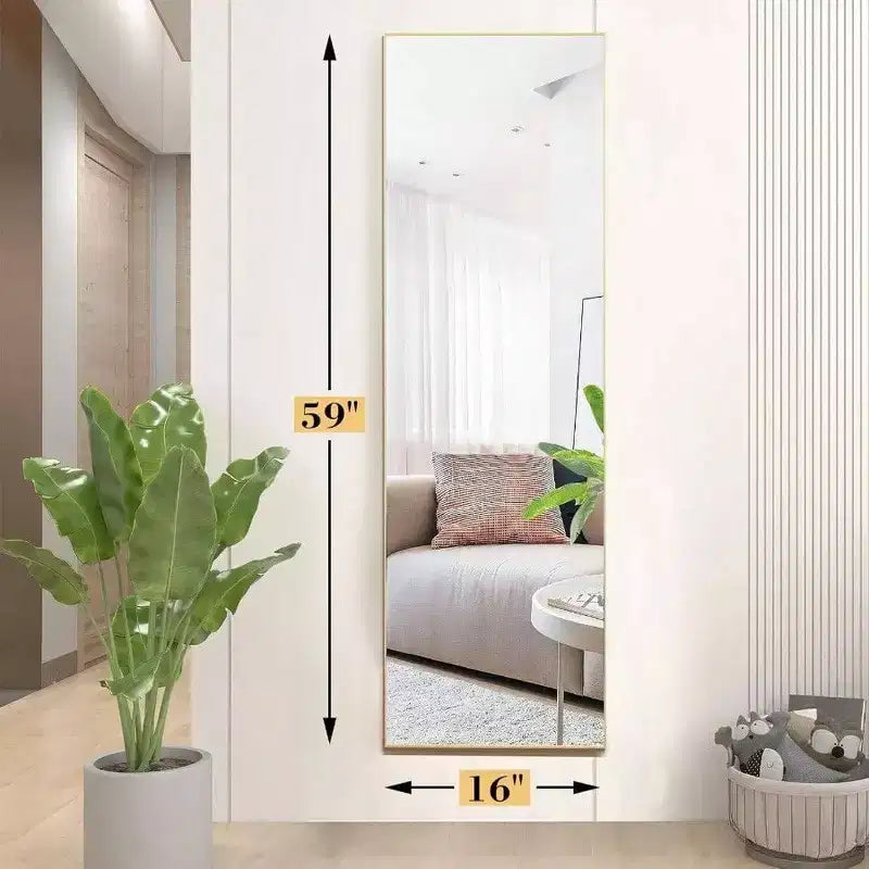 Miroir intégral doré, 150x40 cm avec support. Cadre en aluminium pour fixation murale, incliné ou autoportant dans n'importe quelle pièce
