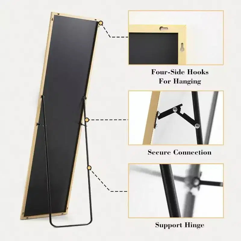 Miroir intégral doré, 150x40 cm avec support. Cadre en aluminium pour fixation murale, incliné ou autoportant dans n'importe quelle pièce