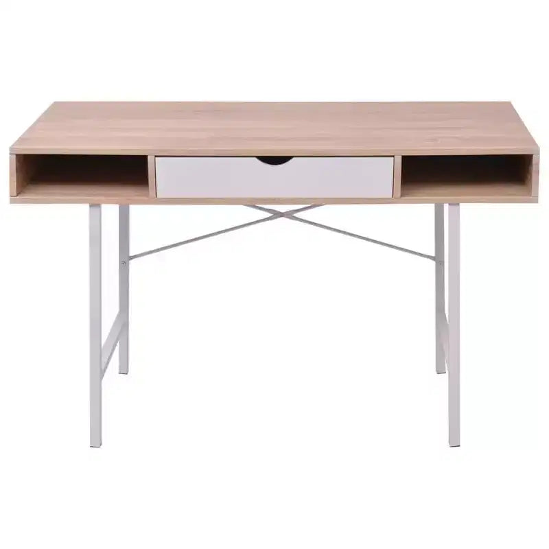 Bureau moderne avec 1 tiroir, finition chêne et blanc, pieds en métal, 119x48x76 cm