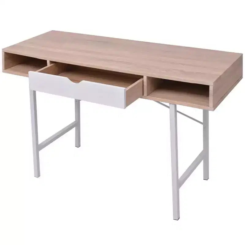 Bureau moderne avec 1 tiroir, finition chêne et blanc, pieds en métal, 119x48x76 cm