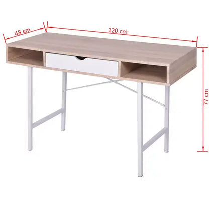 Bureau moderne avec 1 tiroir, finition chêne et blanc, pieds en métal, 119x48x76 cm