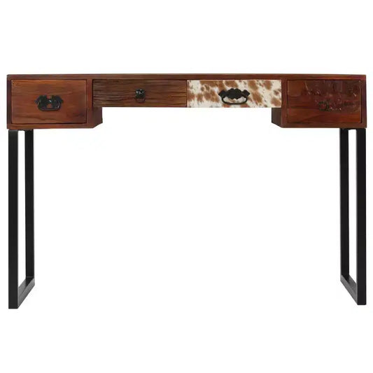 vidaXL Desk Home Office Computer Desk Solid Sheesham Wood and Real Leather - Dark Brown