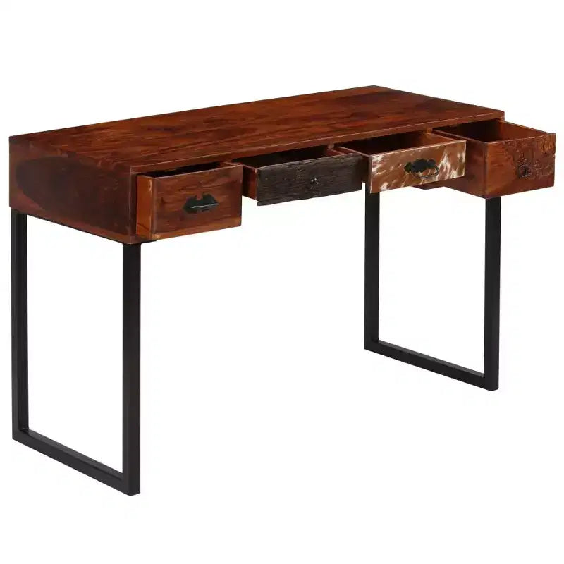 Bureau en bois massif avec accents en cuir et 3 tiroirs, marron foncé