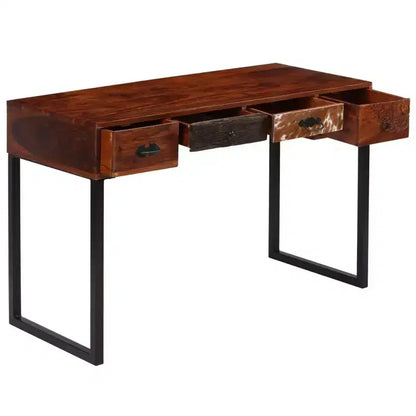 Bureau en bois massif avec accents en cuir et 3 tiroirs, marron foncé