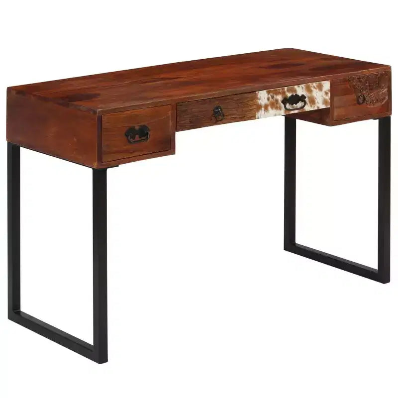 Bureau en bois massif avec accents en cuir et 3 tiroirs, marron foncé