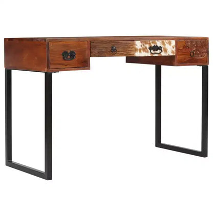 Bureau en bois massif avec accents en cuir et 3 tiroirs, marron foncé
