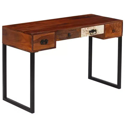 Bureau en bois massif avec accents en cuir et 3 tiroirs, marron foncé