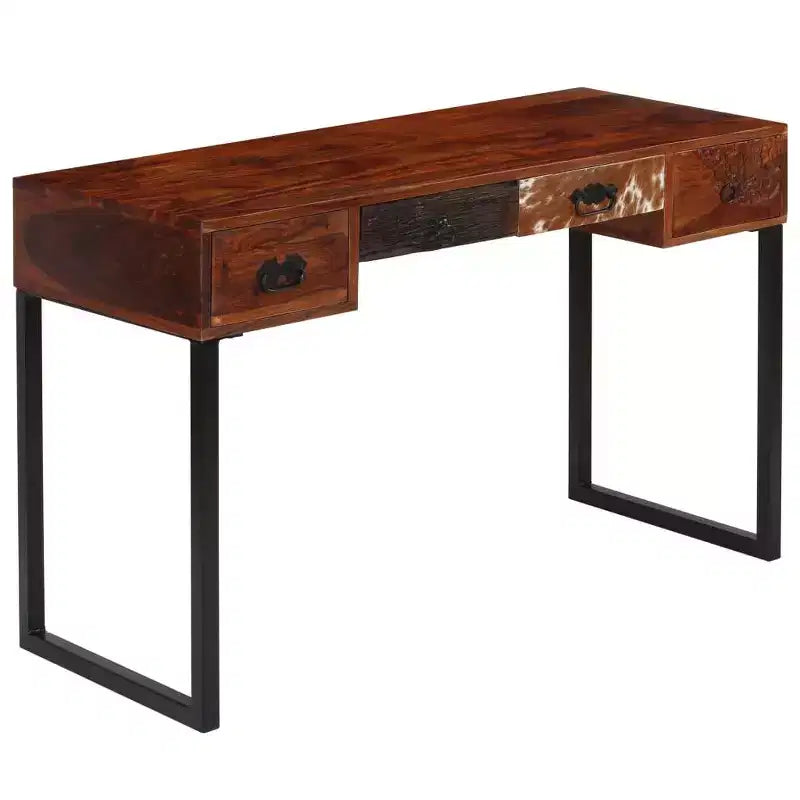 Bureau en bois massif avec accents en cuir et 3 tiroirs, marron foncé