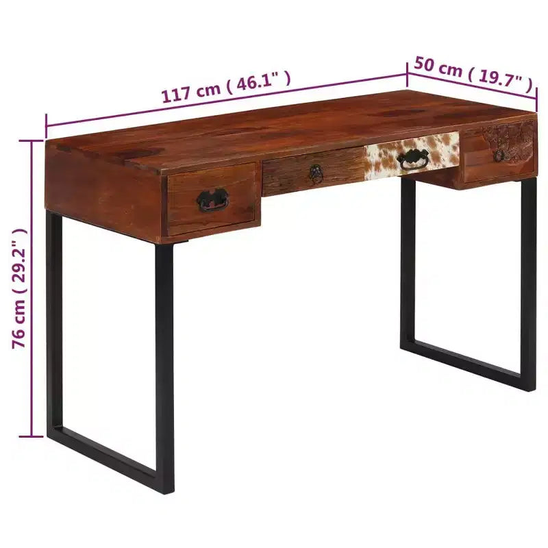 Bureau en bois massif avec accents en cuir et 3 tiroirs, marron foncé