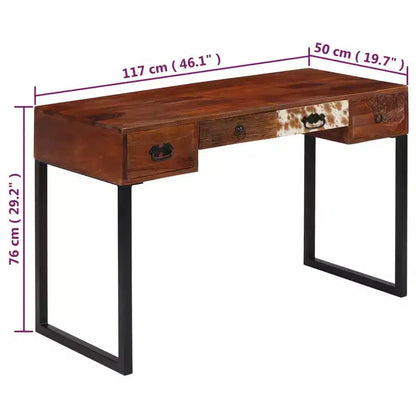 Bureau en bois massif avec accents en cuir et 3 tiroirs, marron foncé