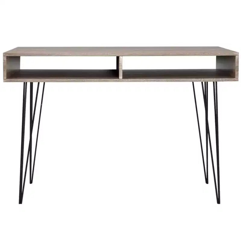 Bureau moderne avec 2 compartiments ouverts, finition grise, pieds en métal épingle, 109x51x76 cm