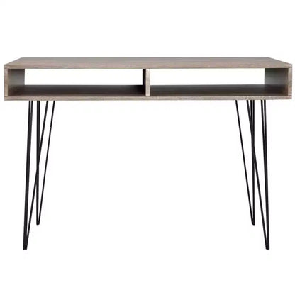 Bureau moderne avec 2 compartiments ouverts, finition grise, pieds en métal épingle, 109x51x76 cm