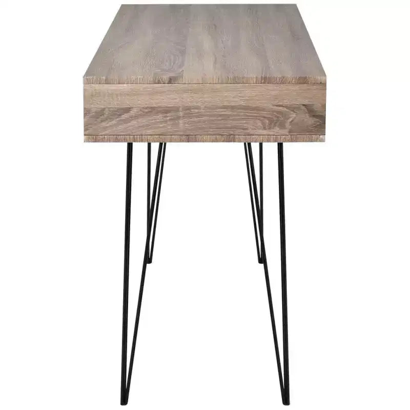 Bureau moderne avec 2 compartiments ouverts, finition grise, pieds en métal épingle, 109x51x76 cm