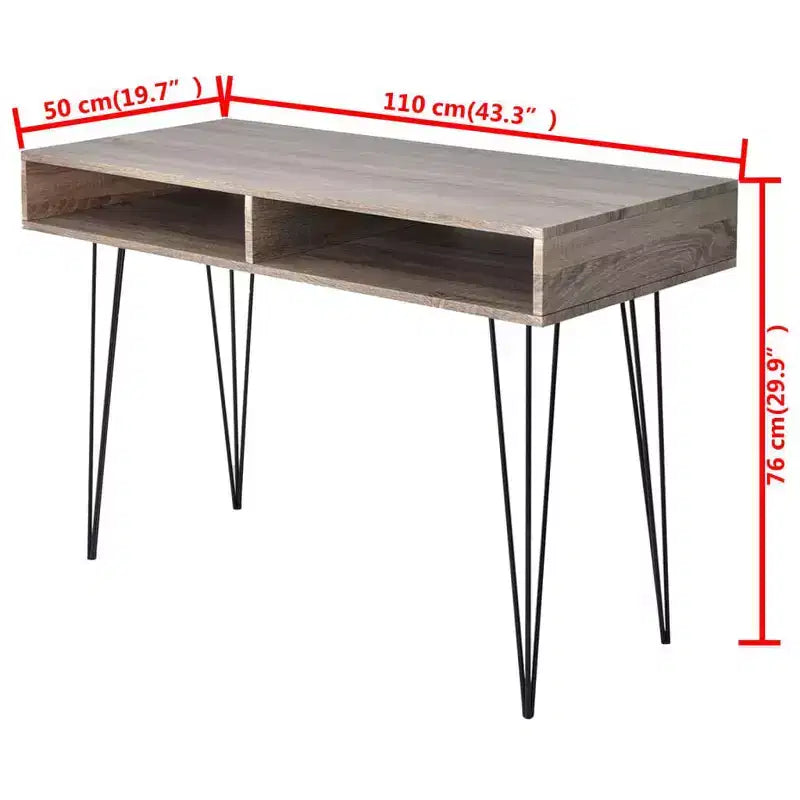Bureau moderne avec 2 compartiments ouverts, finition grise, pieds en métal épingle, 109x51x76 cm