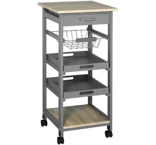 MDF Mobile Kitchen Island Cart with Drawer & Pull-Out Wire Basket - Gray (As Shown)