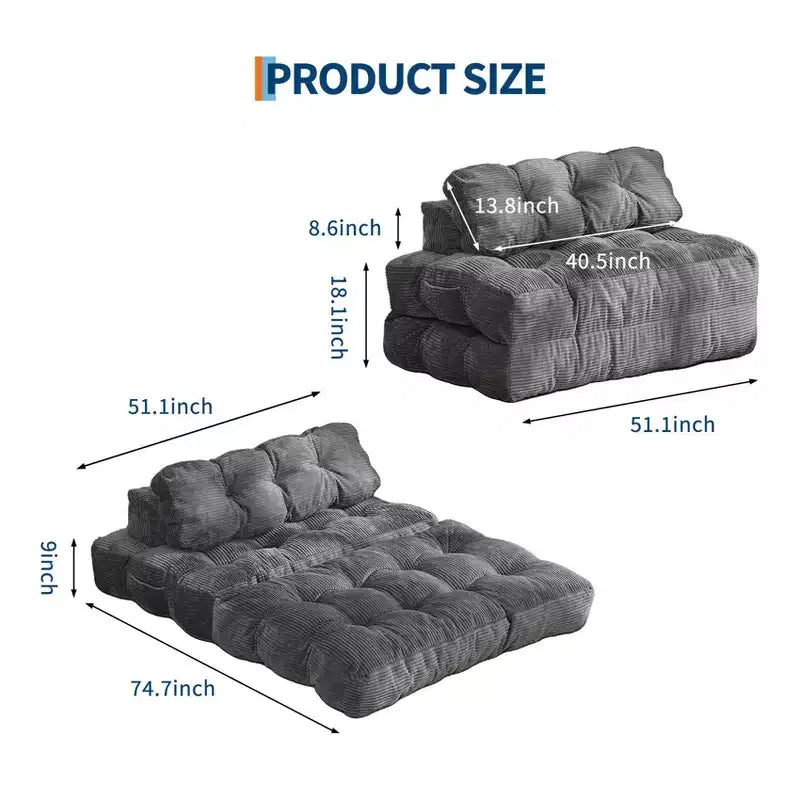 Canapé-lit pliable 3-en-1, futon de sol en velours côtelé avec oreiller, lit d'appoint en mousse déchiquetée