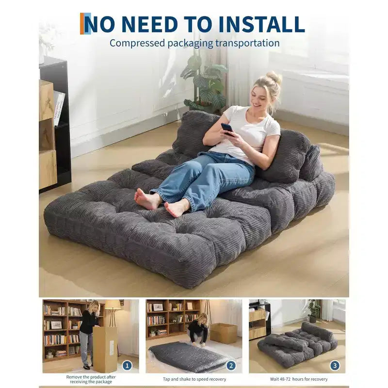 Canapé-lit pliable 3-en-1, futon de sol en velours côtelé avec oreiller, lit d'appoint en mousse déchiquetée