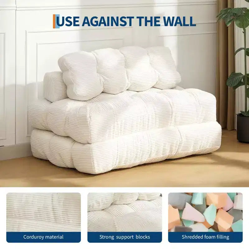 Canapé-lit pliable 3-en-1, futon de sol en velours côtelé avec oreiller, lit d'appoint en mousse déchiquetée