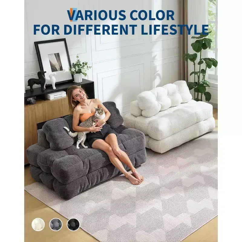 Canapé-lit pliable 3-en-1, futon de sol en velours côtelé avec oreiller, lit d'appoint en mousse déchiquetée