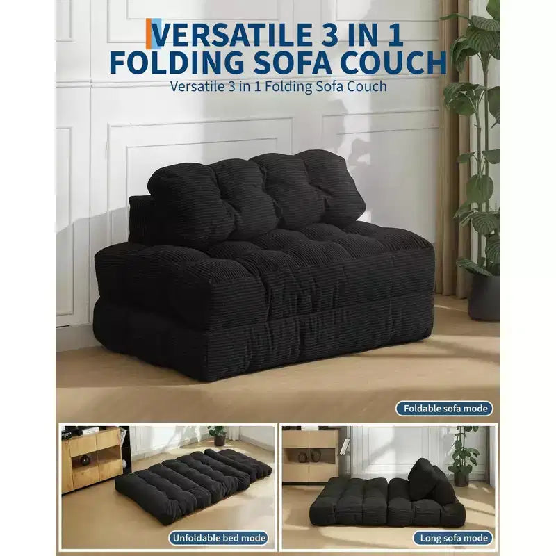 Canapé-lit pliable 3-en-1, futon de sol en velours côtelé avec oreiller, lit d'appoint en mousse déchiquetée