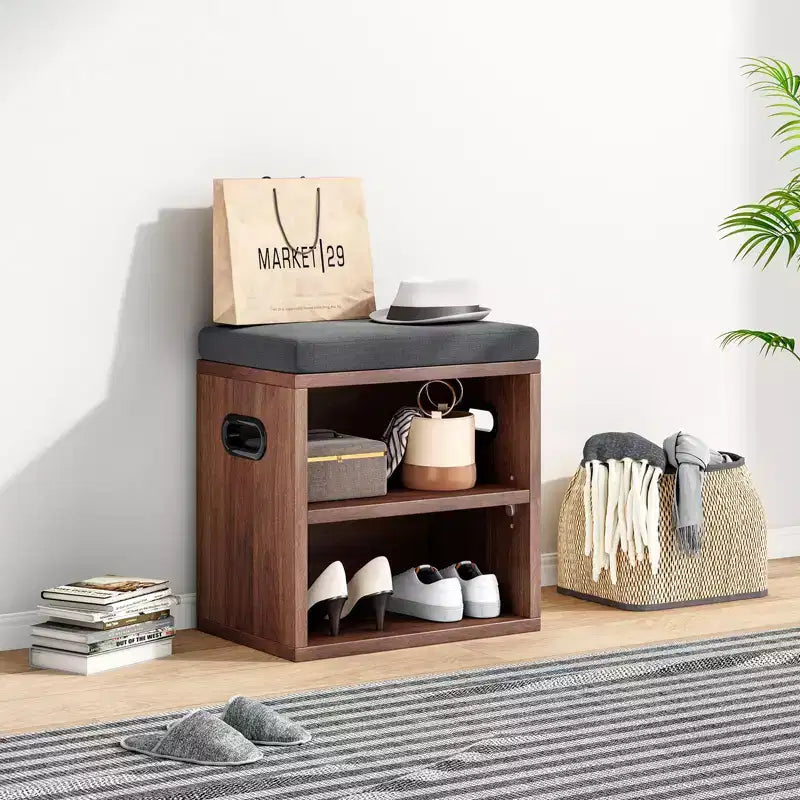 Banc de rangement pour chaussures moderne, cadre en bois et siège rembourré moelleux, repose-pieds pour entrée et chambre