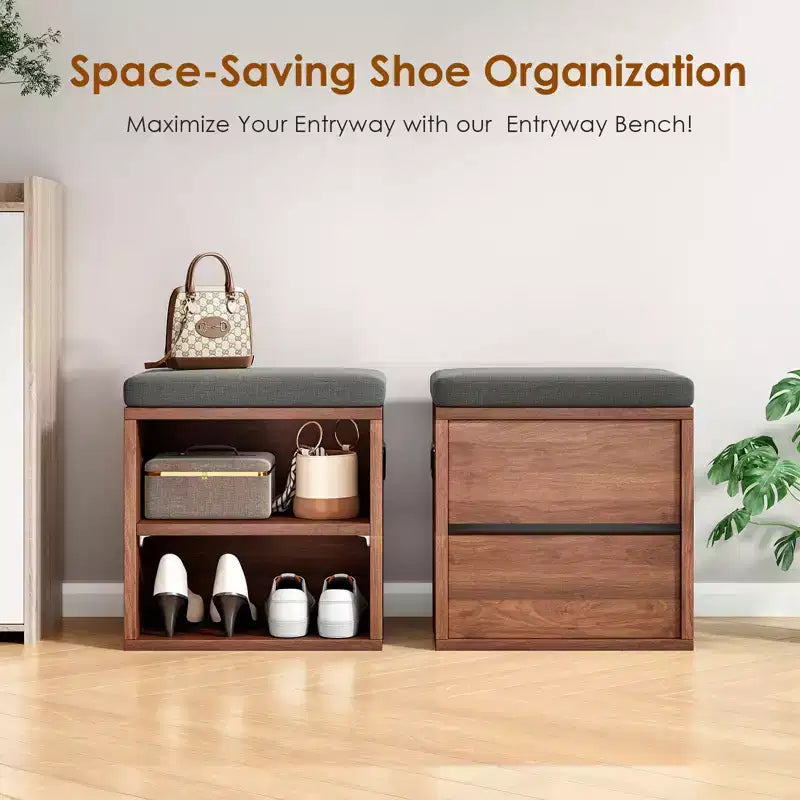 Banc de rangement pour chaussures moderne, cadre en bois et siège rembourré moelleux, repose-pieds pour entrée et chambre