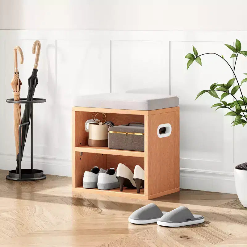 Banc de rangement pour chaussures moderne, cadre en bois et siège rembourré moelleux, repose-pieds pour entrée et chambre