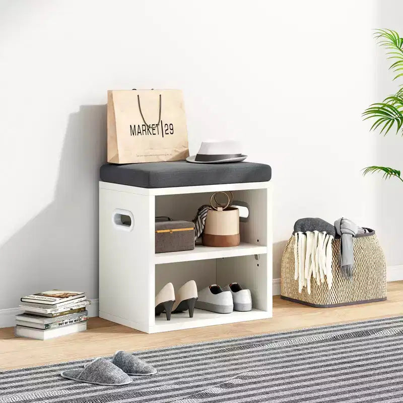 Banc de rangement pour chaussures moderne, cadre en bois et siège rembourré moelleux, repose-pieds pour entrée et chambre