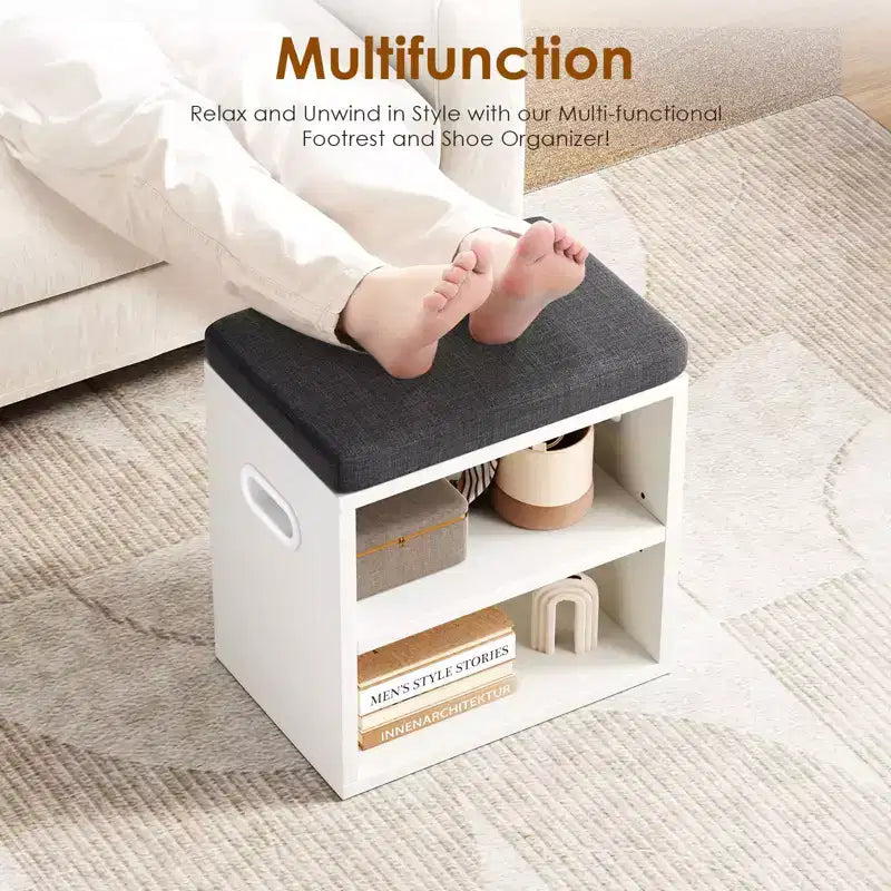Banc de rangement pour chaussures moderne, cadre en bois et siège rembourré moelleux, repose-pieds pour entrée et chambre