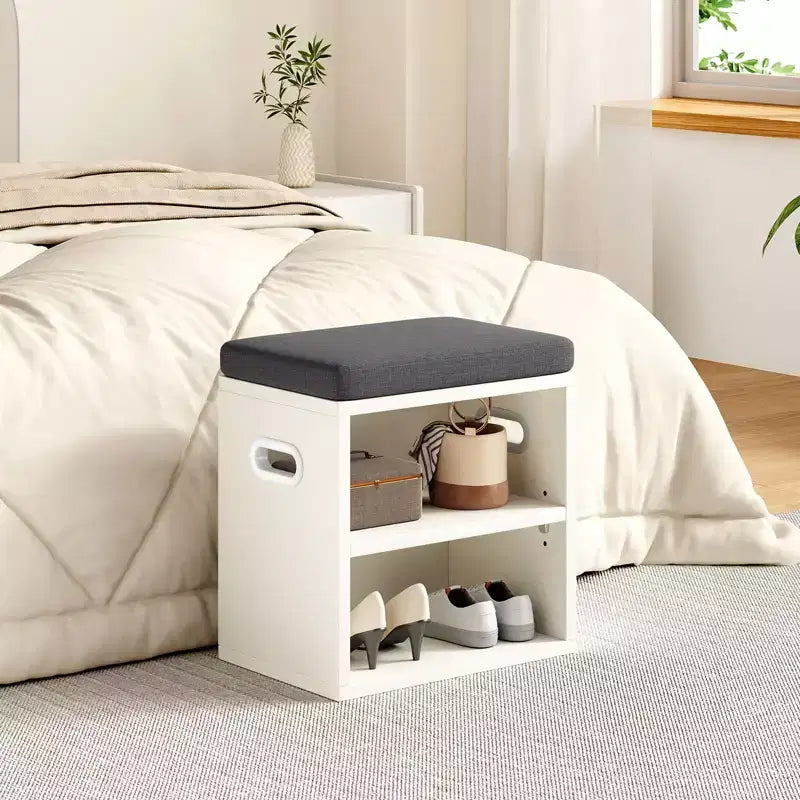 Banc de rangement pour chaussures moderne, cadre en bois et siège rembourré moelleux, repose-pieds pour entrée et chambre