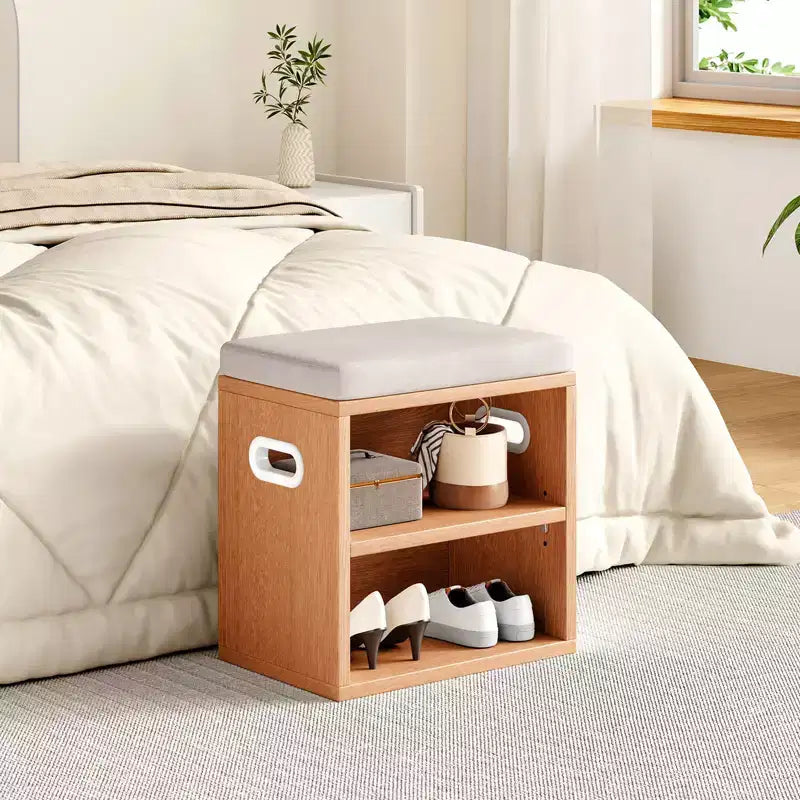 Banc de rangement pour chaussures moderne, cadre en bois et siège rembourré moelleux, repose-pieds pour entrée et chambre
