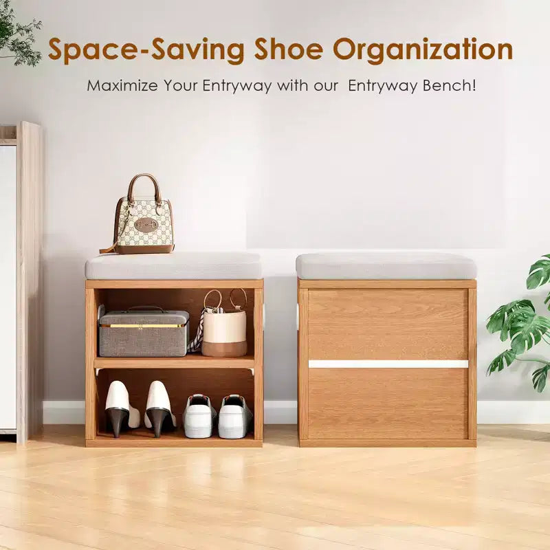 Banc de rangement pour chaussures moderne, cadre en bois et siège rembourré moelleux, repose-pieds pour entrée et chambre