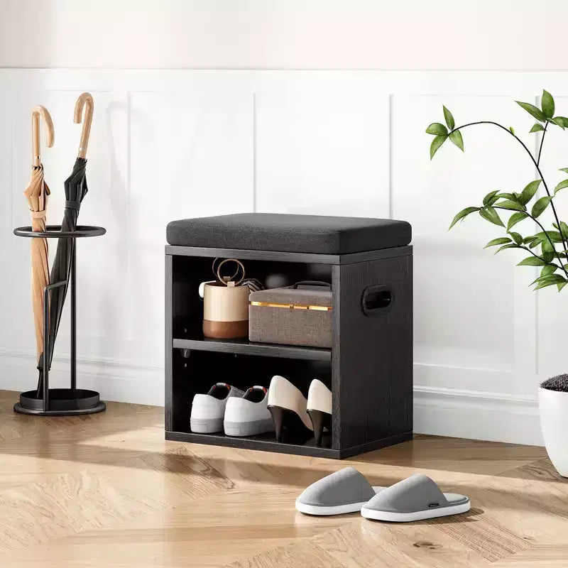 Banc de rangement pour chaussures moderne, cadre en bois et siège rembourré moelleux, repose-pieds pour entrée et chambre