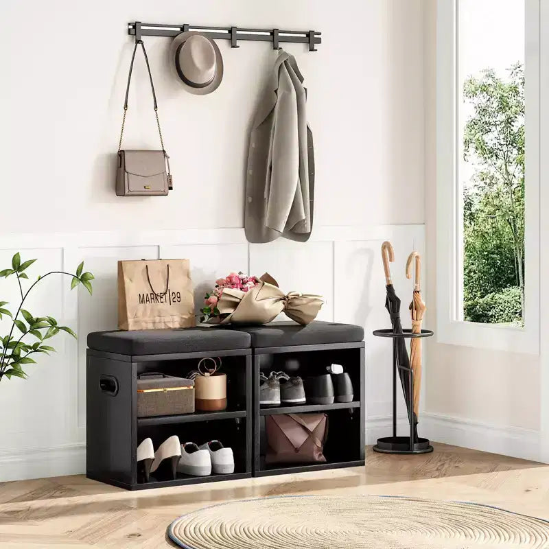 Banc de rangement pour chaussures moderne, cadre en bois et siège rembourré moelleux, repose-pieds pour entrée et chambre