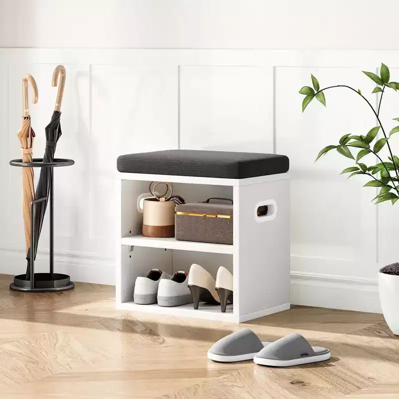 Banc de rangement pour chaussures moderne, cadre en bois et siège rembourré moelleux, repose-pieds pour entrée et chambre
