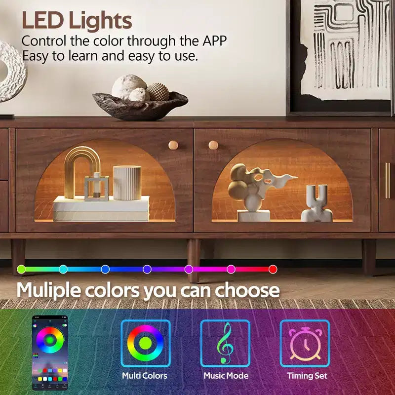 Meuble TV de 86 pouces pour téléviseurs jusqu'à 90", lumières LED contrôlées par application, portes en rotin, marron foncé