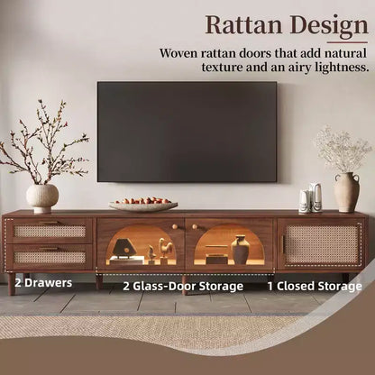 Meuble TV de 86 pouces pour téléviseurs jusqu'à 90", lumières LED contrôlées par application, portes en rotin, marron foncé