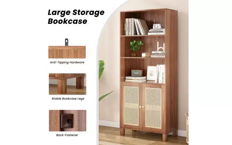 Bibliothèque haute à 5 niveaux en bois de style Ferme avec portes en rotin, Étagère de présentation pour Chambre et Salon