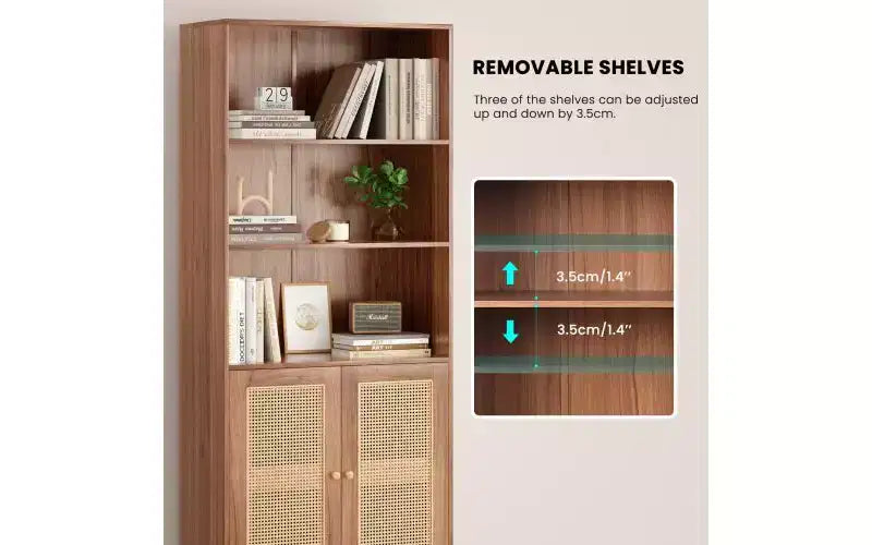 Bibliothèque haute à 5 niveaux en bois de style Ferme avec portes en rotin, Étagère de présentation pour Chambre et Salon