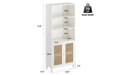 Bibliothèque haute à 5 niveaux en bois de style Ferme avec portes en rotin, Étagère de présentation pour Chambre et Salon