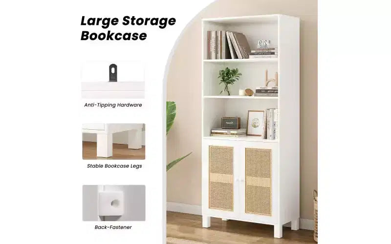 Bibliothèque haute à 5 niveaux en bois de style Ferme avec portes en rotin, Étagère de présentation pour Chambre et Salon