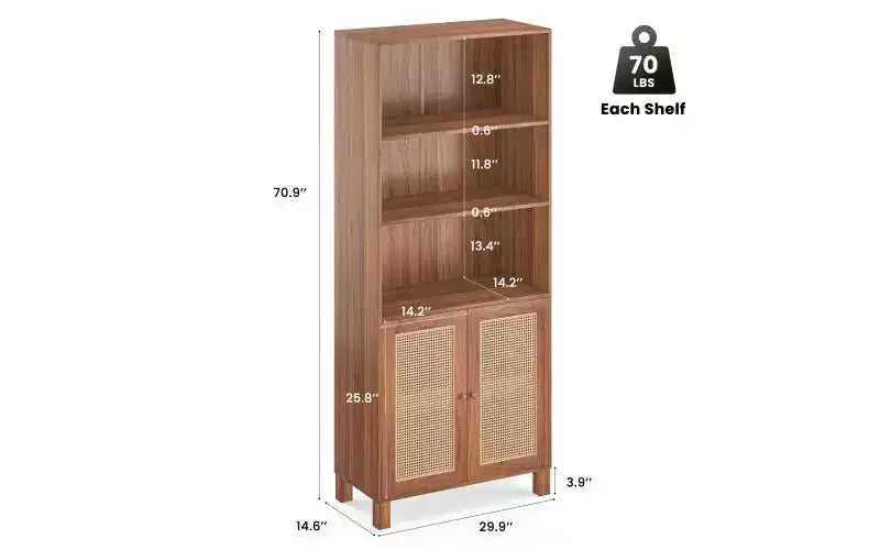 Bibliothèque haute à 5 niveaux en bois de style Ferme avec portes en rotin, Étagère de présentation pour Chambre et Salon