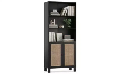 Bibliothèque haute à 5 niveaux en bois de style Ferme avec portes en rotin, Étagère de présentation pour Chambre et Salon