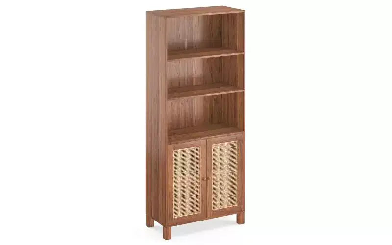 Bibliothèque haute à 5 niveaux en bois de style Ferme avec portes en rotin, Étagère de présentation pour Chambre et Salon