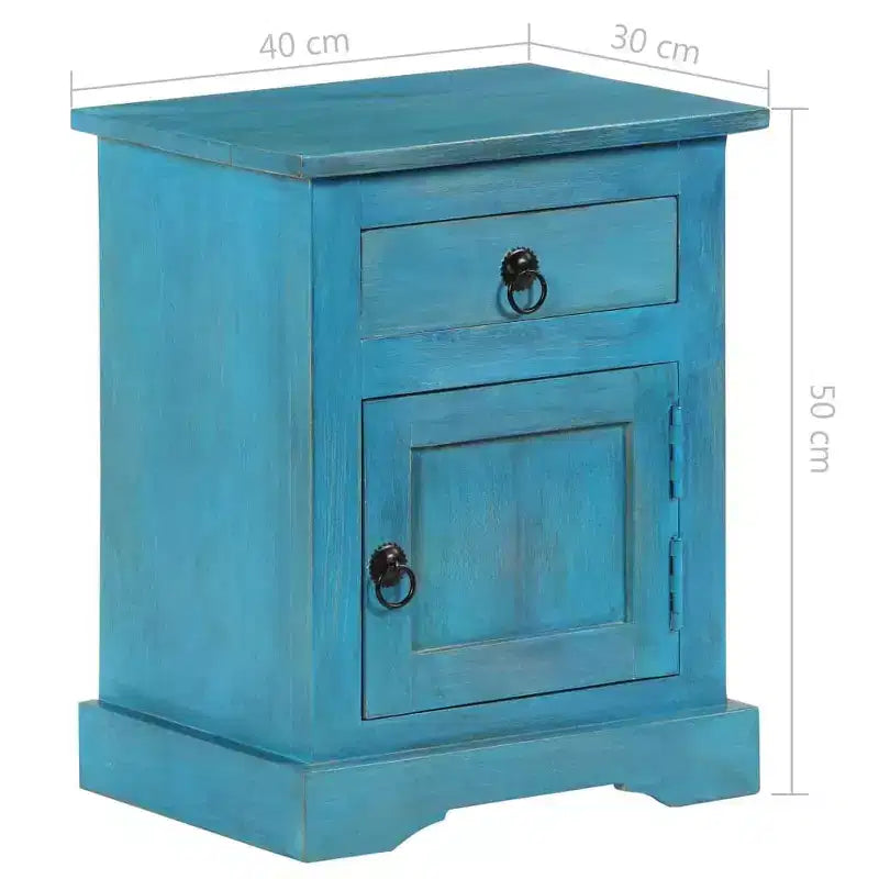 Table de chevet avec rangement, en bois de manguier massif, table de chevet vintage bleue, 40x30x50 cm
