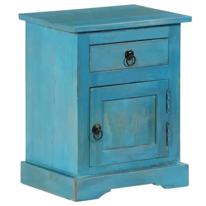 Table de chevet avec rangement, en bois de manguier massif, table de chevet vintage bleue, 40x30x50 cm