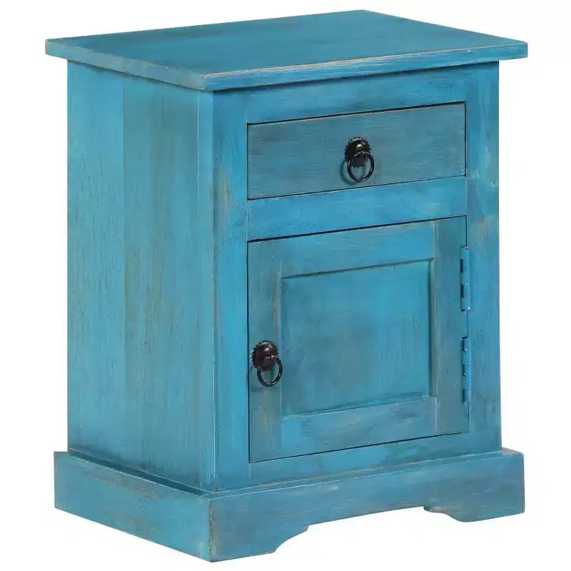 Table de chevet avec rangement, en bois de manguier massif, table de chevet vintage bleue, 40x30x50 cm