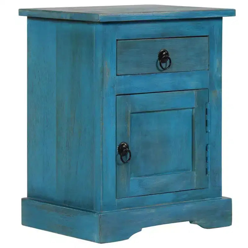 Table de chevet avec rangement, en bois de manguier massif, table de chevet vintage bleue, 40x30x50 cm