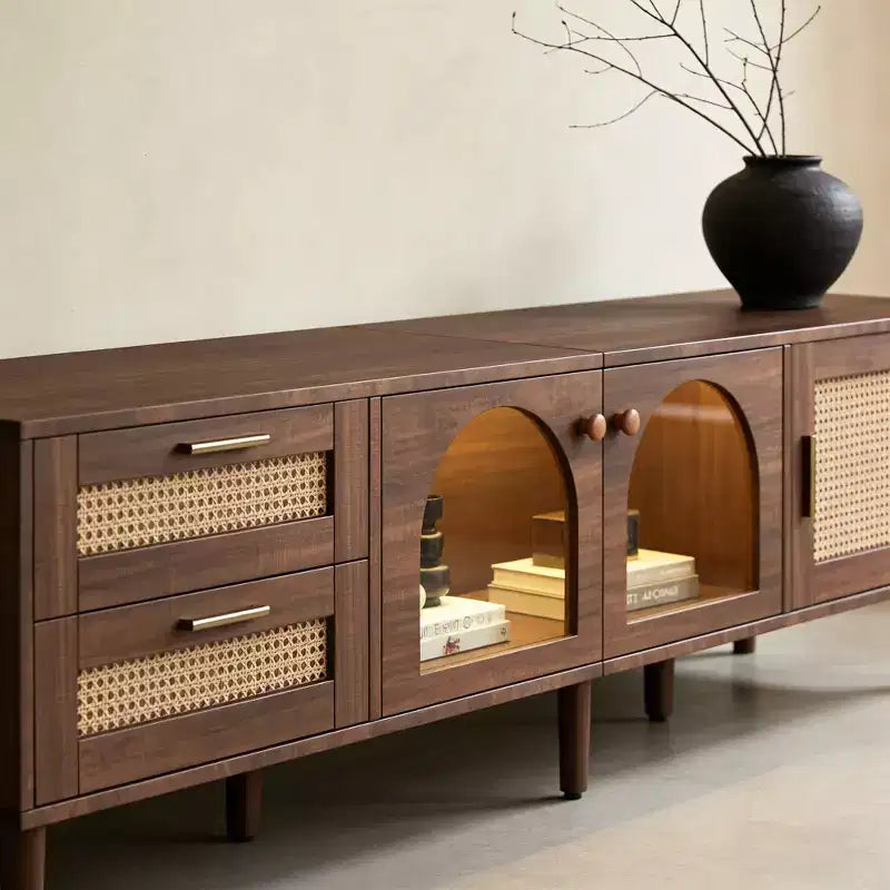Meuble TV moderne de 86 po pour téléviseurs jusqu'à 90 po, 2 tiroirs et rangement avec porte en verre, marron