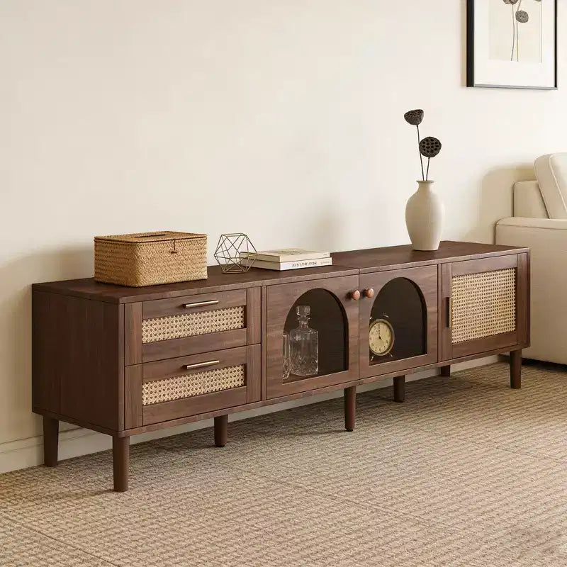 Meuble TV moderne de 86 po pour téléviseurs jusqu'à 90 po, 2 tiroirs et rangement avec porte en verre, marron